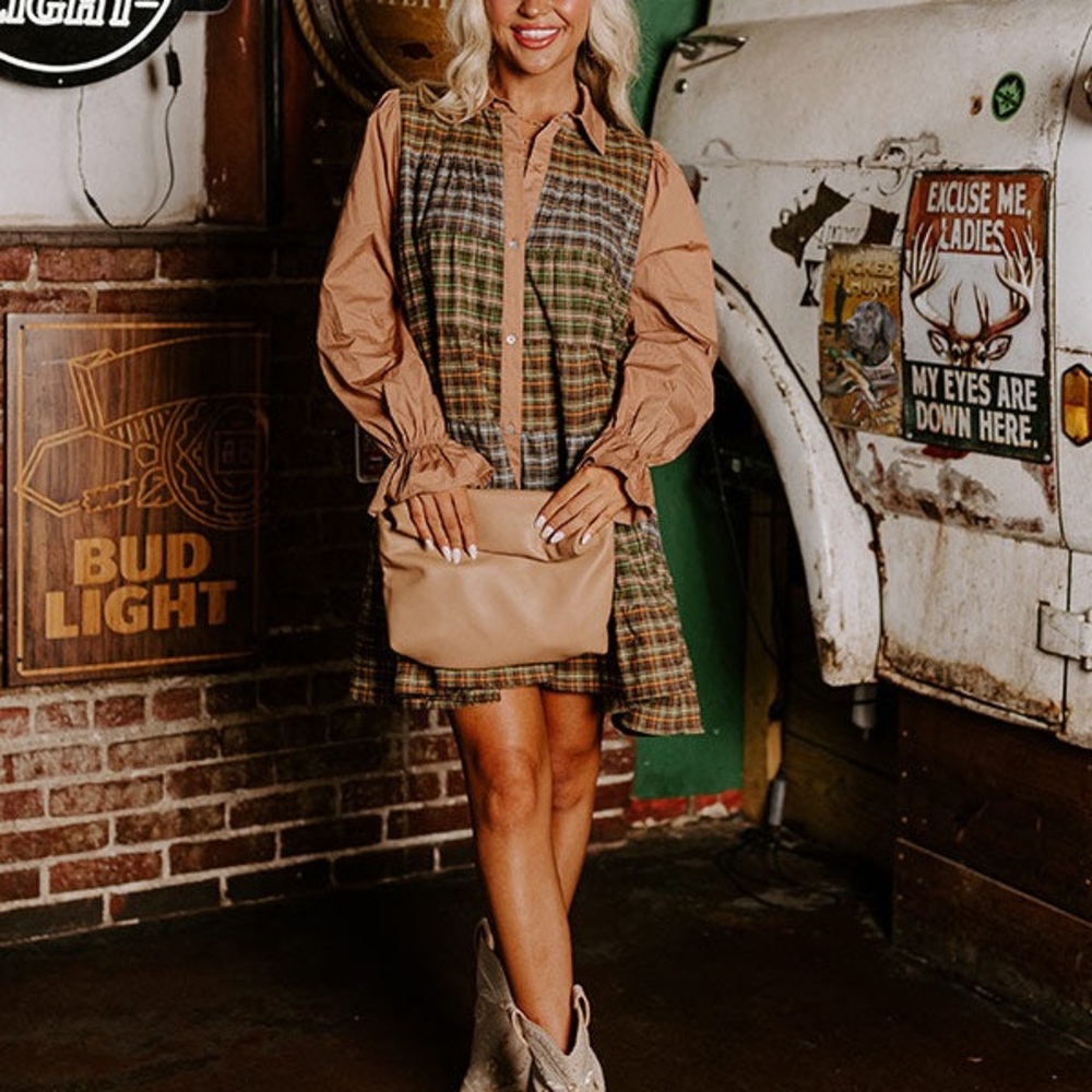 Fantastic Fawn Catching Feelings Plaid Flannel Dress Shacket Oversized NWOT S - Picture 6 of 12